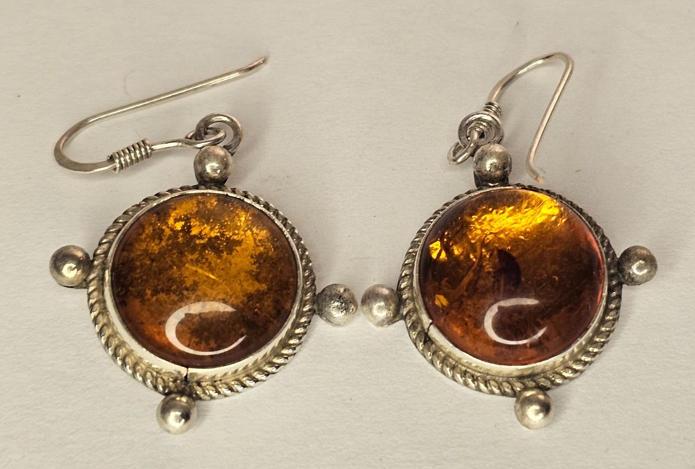 Baltic Amber Gemstone 925 Silver Handmade Dangle Earrings 1.25" Long